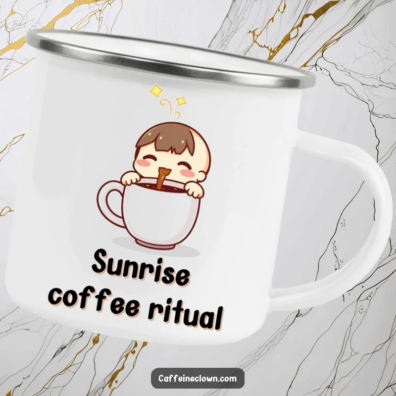 Funny camping mug with a small character joyfully pouring steaming coffee into a mug, ideal for outdoor coffee lovers.