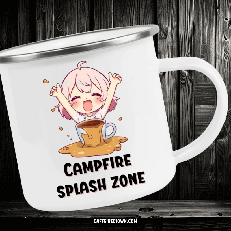 Funny camping mug with a character happily spilling coffee with flailing arms, perfect for outdoor adventures with a humorous, chaotic coffee theme.
