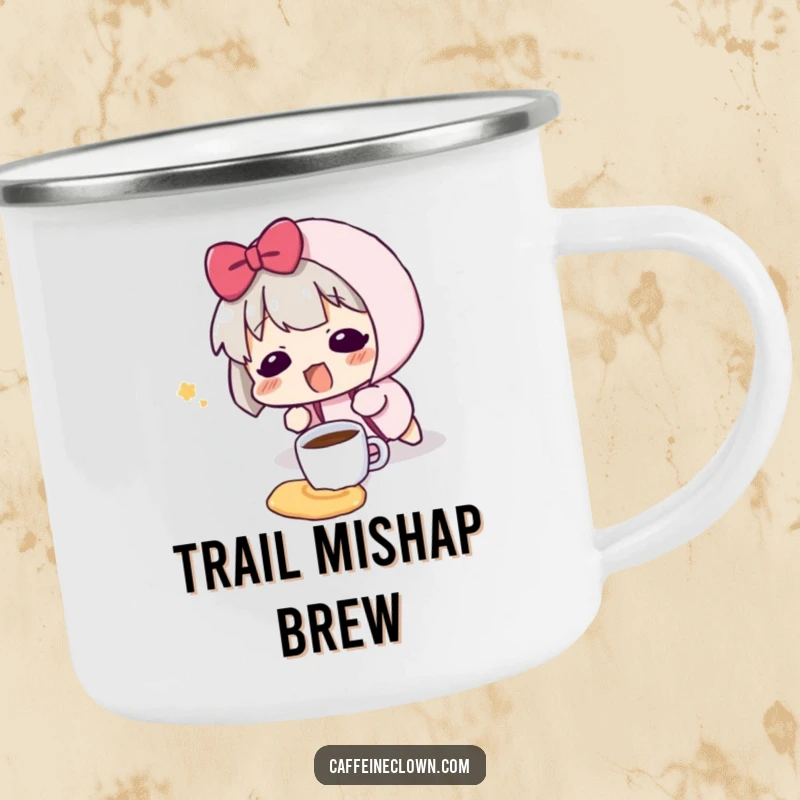 Funny camping mug showing a character tripping and spilling a tiny coffee cup, with a surprised blush.