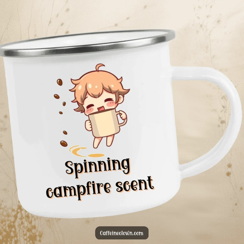 Funny camping mug showing a character spinning with a coffee mug, leaving a trail of coffee aroma in the outdoors.