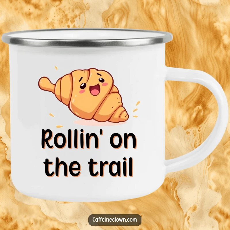 Funny croissant rolling camping mug depicting a clumsy croissant character fleeing from a giant rolling pin, a durable and humorous travel mug.