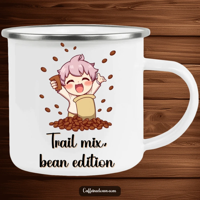 Funny enamel camping mug showing a character gleefully shaking a coffee bag, scattering beans, perfect for outdoor coffee breaks.