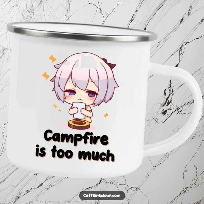 Funny enamel camping mug with a cute character fanning themself dramatically, looking overheated, ideal for outdoor adventures.
