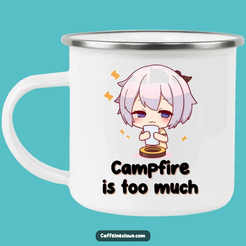 Funny Enamel Camping Mug: Cute Overheated Character Fanning, Trailside Heat Relief