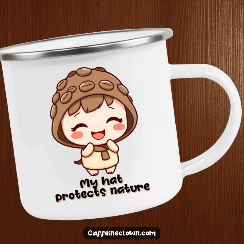 Funny enamel camping mug with a cute kawaii character wearing a coffee bean hat, giggling playfully, perfect for outdoor enjoyment.