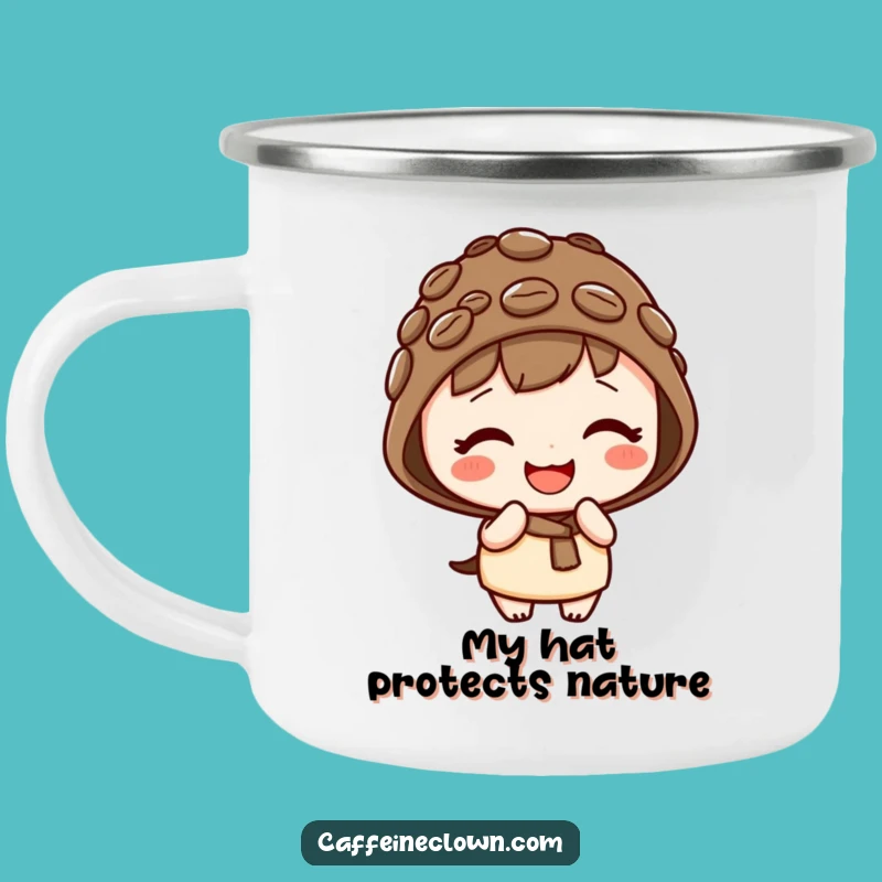 Funny Enamel Camping Mug: Kawaii Giggling Bean Hat Character, Cute Outdoor Fun