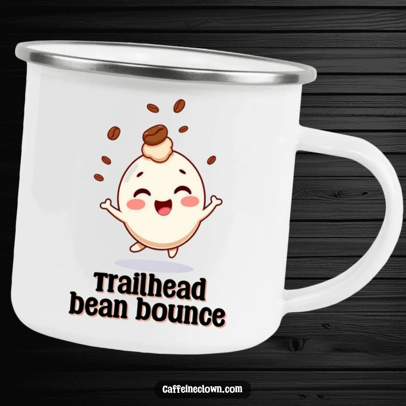 Funny camping mug featuring a giggling character bouncing with a coffee bean playfully bouncing on its head, perfect for campers.