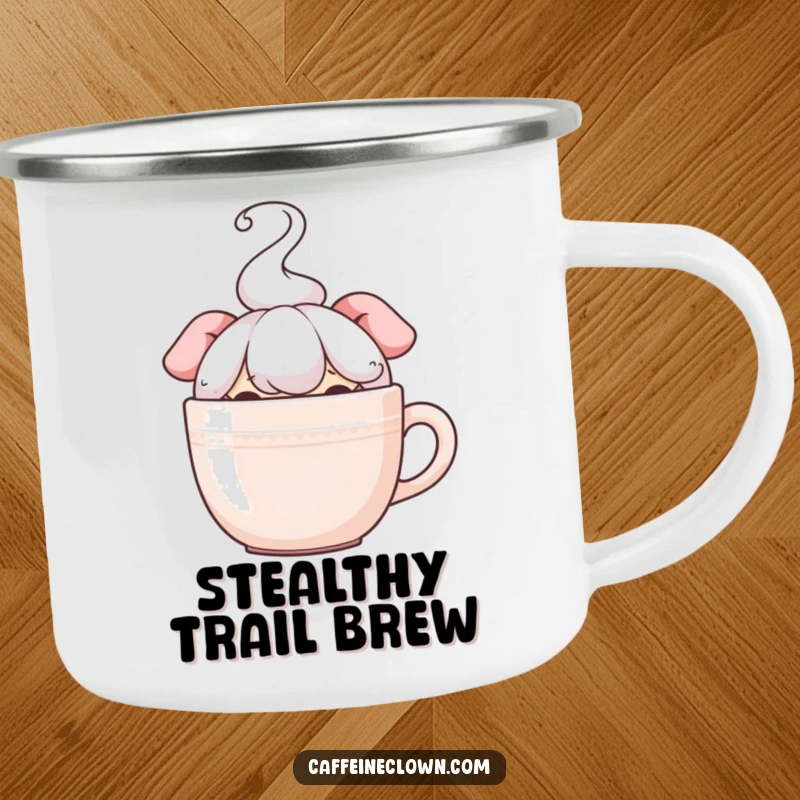 Funny camping mug with a character peeking over a steaming coffee cup, ideal for outdoor adventures with a humorous, stealthy coffee theme.