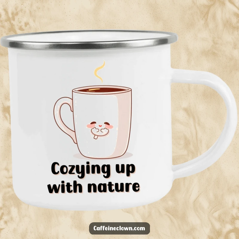 Funny camping mug with a small character hugging a large, steaming coffee mug, perfect for enjoying warm beverages during outdoor trips.