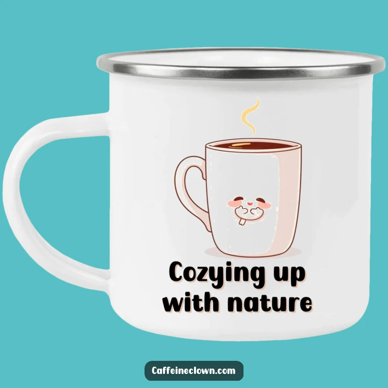 Funny Hugging Coffee Lover Camping Mug: Sweet Character's Cozy Outdoor Brew Gift