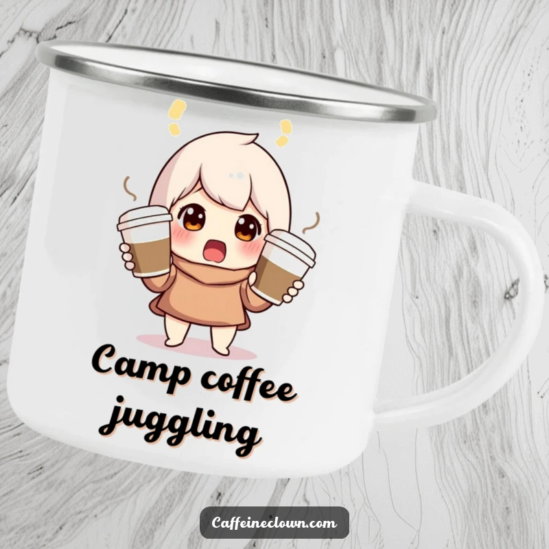 Funny camping mug with a surprised character juggling three coffee cups, ideal for those who are always on the move.