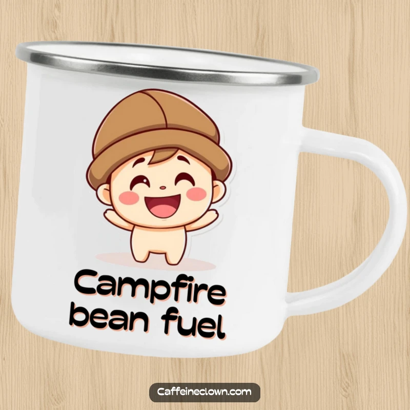 Funny kawaii character with a coffee bean hat, grinning, on a durable enamel camping mug for outdoor use.