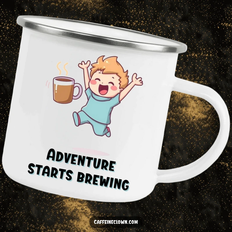 Funny camping mug showcasing a joyful figure leaping, a coffee cup hovering, ideal for outdoor enthusiasts who love their coffee on the go.