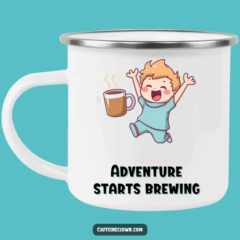 Funny Leaping Coffee Adventurer Camping Mug: Figure's Delightful Outdoor Brew Gift