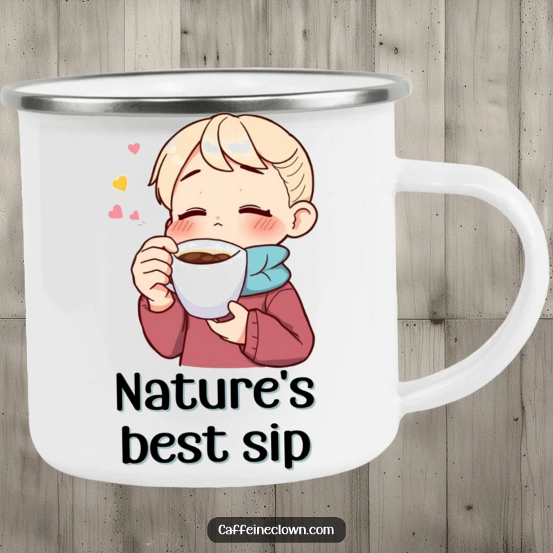 Funny camping mug with a character savoring coffee with eyes closed, perfect for enjoying warm beverages during outdoor adventures.
