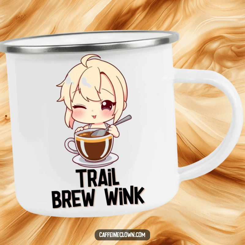 Funny Camping Mug: Character winks slyly while stirring coffee, perfect for outdoor adventures and hidden smiles.