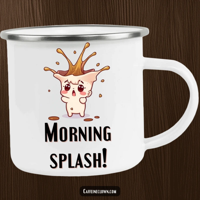 Funny tiny character with a surprised face and a coffee splash erupting upwards, on a durable camping mug.