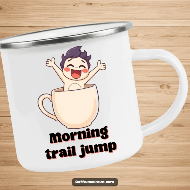 Funny camping mug with a character leaping from a coffee mug, designed for outdoor fun and humorous morning coffee.