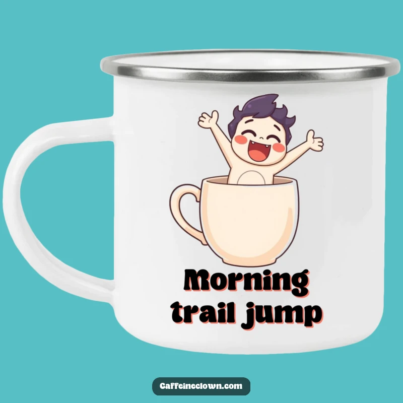 Funny Camp Mug: Character's Coffee Leap Adventure!