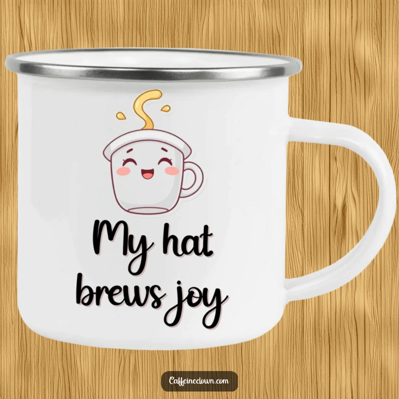Funny Camping Mug showing a character with a coffee mug hat, spilling joyful steam, for outdoor use.