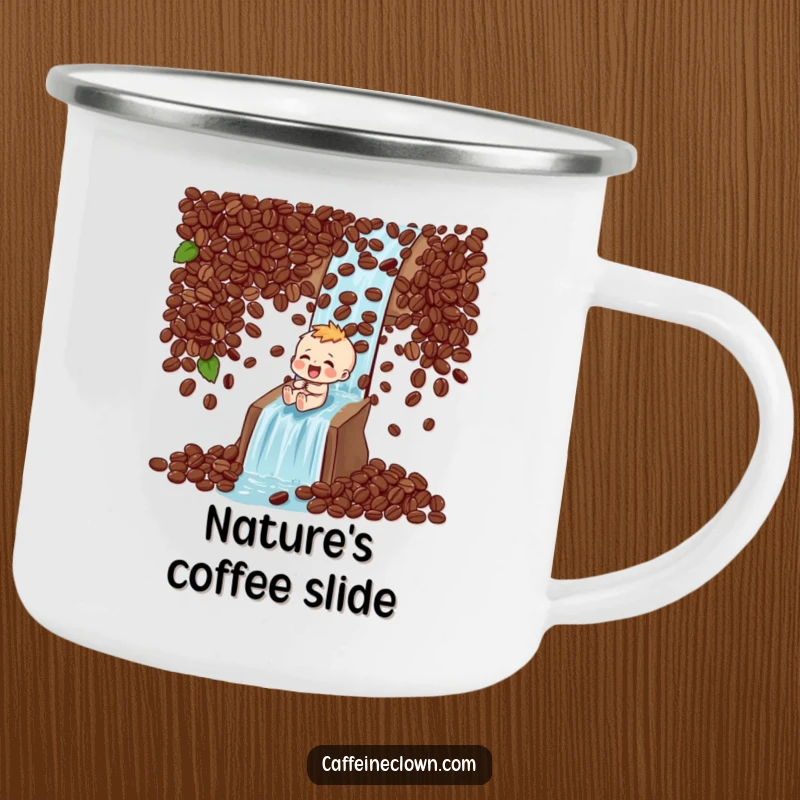Funny Camping Mug: Character laughs while sliding down a coffee bean waterfall, a fun companion for outdoor escapades.