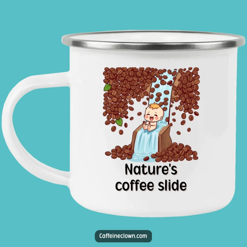 Funny Camping Mug: Coffee Bean Waterfall Character - Adventure Fuel!