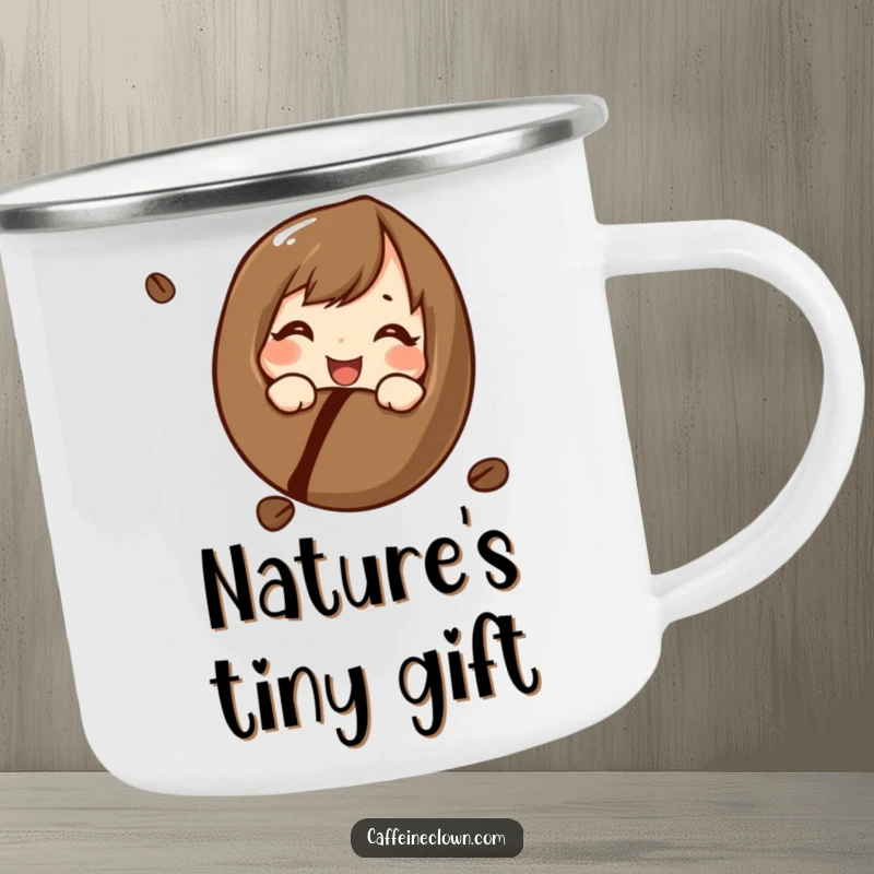 Funny camping mug with a character curiously and cheerfully looking at a coffee bean, perfect for outdoor adventures with a humorous, coffee-origin theme.