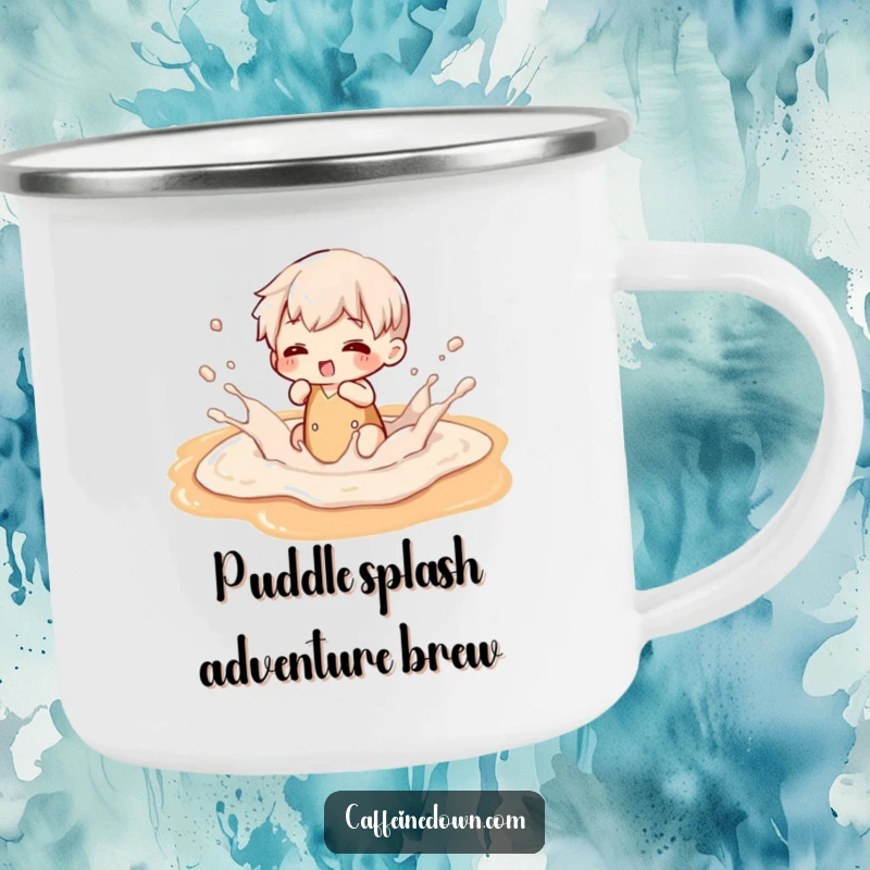 Funny camping mug showing a character happily splashing in latte art, ready for outdoor coffee enjoyment.