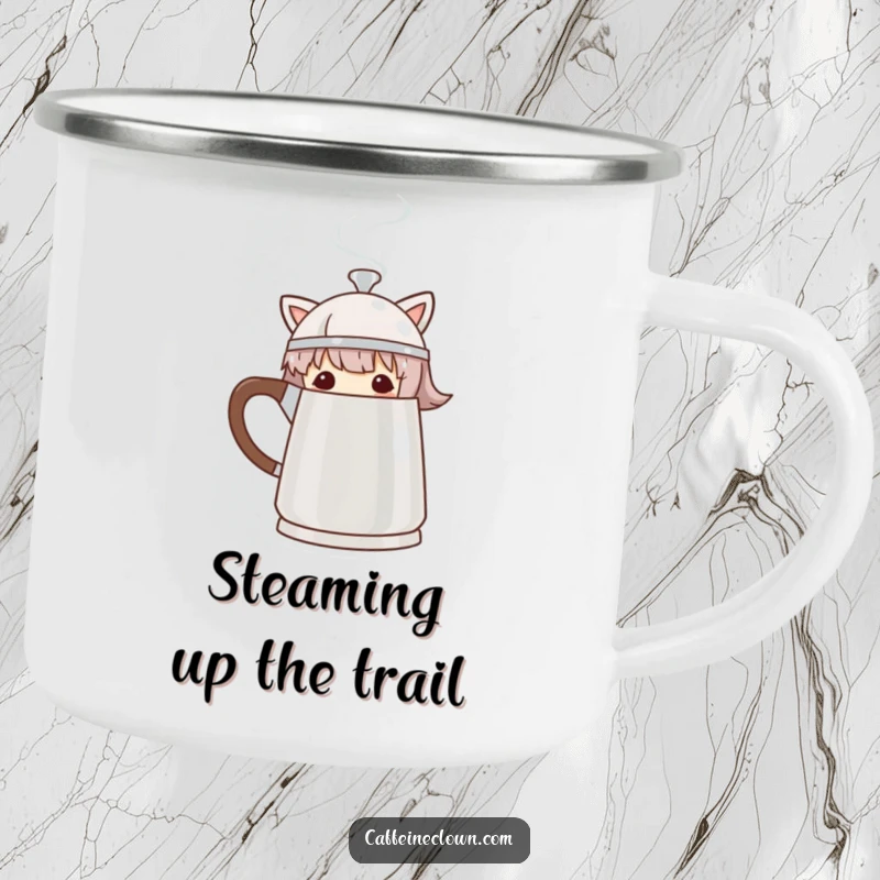 Funny Camping Mug with a character peeking from behind a steaming coffee pot, for adventurous coffee drinkers.