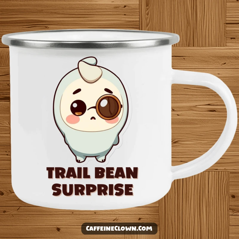 Funny Camping Mug of a character wearing a coffee bean monocle, looking surprised, for outdoor use.