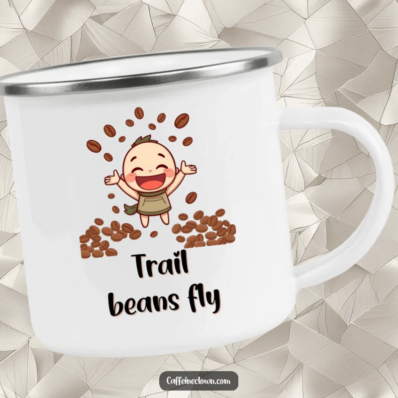 Funny Camping Mug: Character joyfully juggles coffee beans with a wide grin, a fun companion for outdoor adventures.