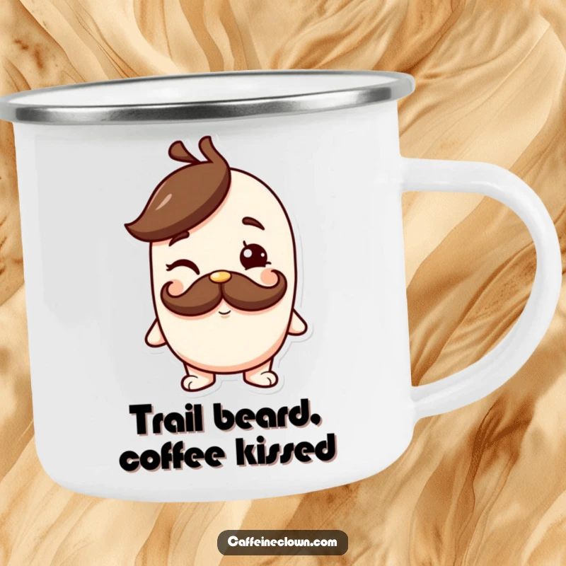 Funny camping mug featuring a character with a coffee mustache giving a cheeky wink, perfect for enjoying outdoor beverages with a smile.