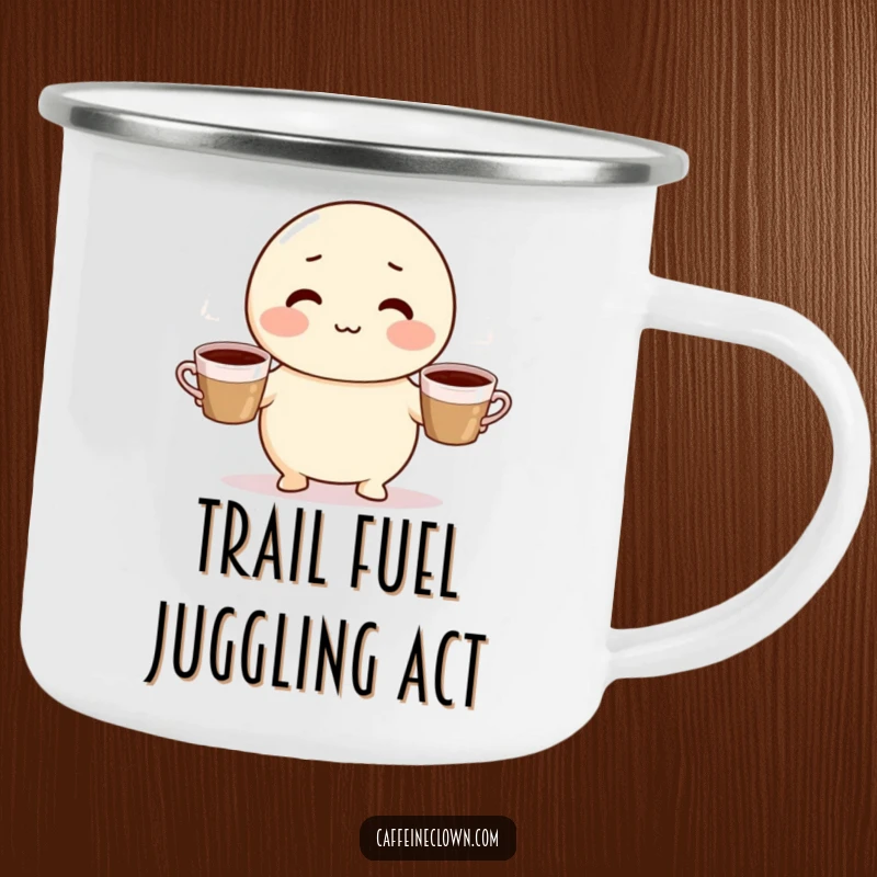 Funny camping mug featuring a cute, round character with rosy cheeks juggling three steaming coffee cups, perfect for outdoor enthusiasts.