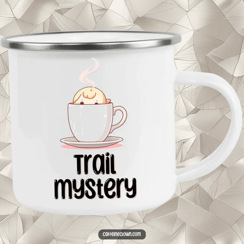 Funny Camping Mug: Tiny character peeking out with curiosity from behind a steaming coffee cup, perfect for morning coffee surprises.