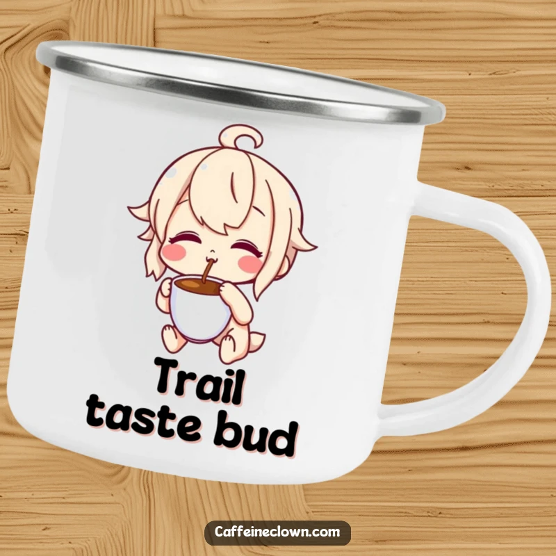 Funny camping mug with a character making a delighted, puckered face tasting coffee, perfect for outdoor adventures with a humorous flavor focus.