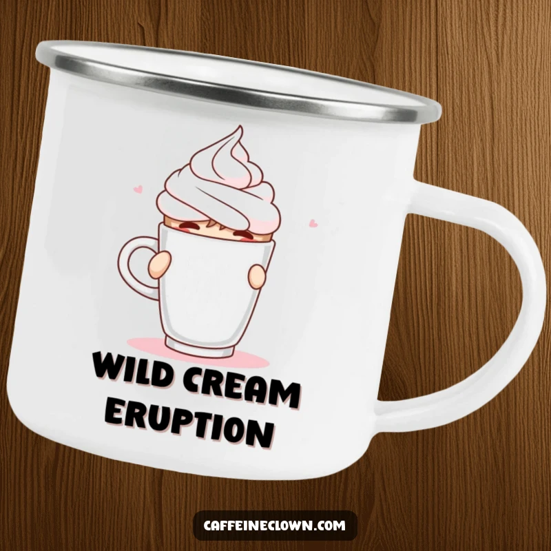 Funny Camping Mug of a character spraying whipped cream from a coffee cup mid-sip, for outdoor use.