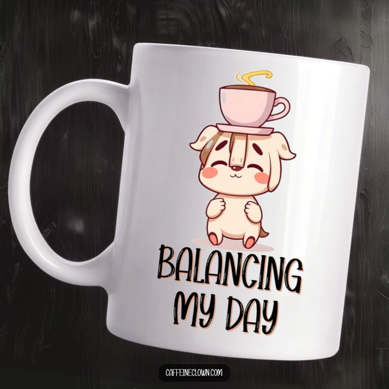 Funny mug featuring a character clumsily balancing a coffee cup on their nose with delightful concentration, perfect for clumsy coffee lovers.