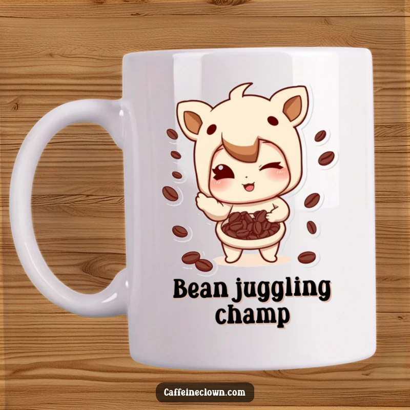 Funny Mug: Character winking with a playful smirk while juggling coffee beans, showcasing barista skills with humor.