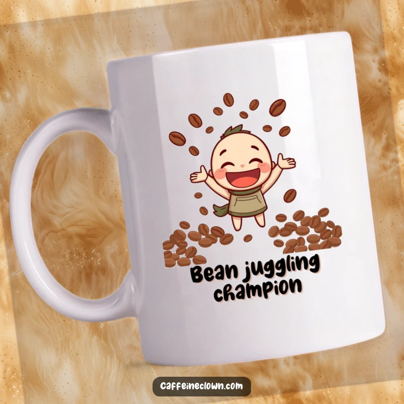 Funny Mug: A character with a wide grin joyfully juggles coffee beans, celebrating the magic of coffee.