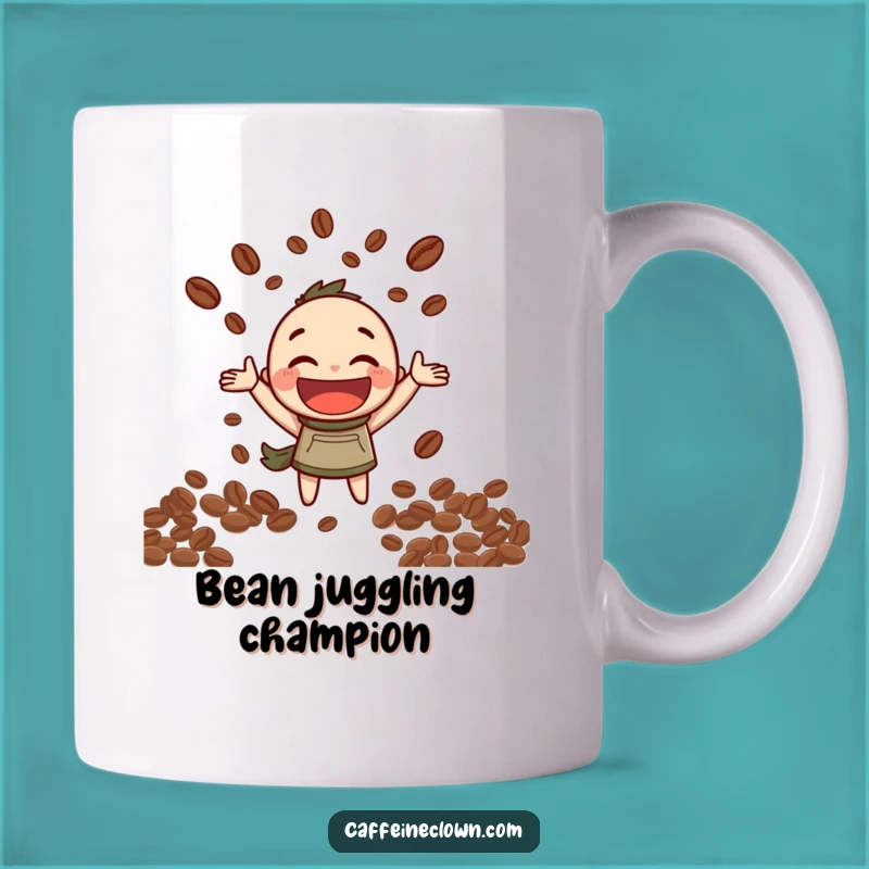 Funny Coffee Bean Juggling Mug: Character's Grin - Hilarious Gift for Coffee Lovers!