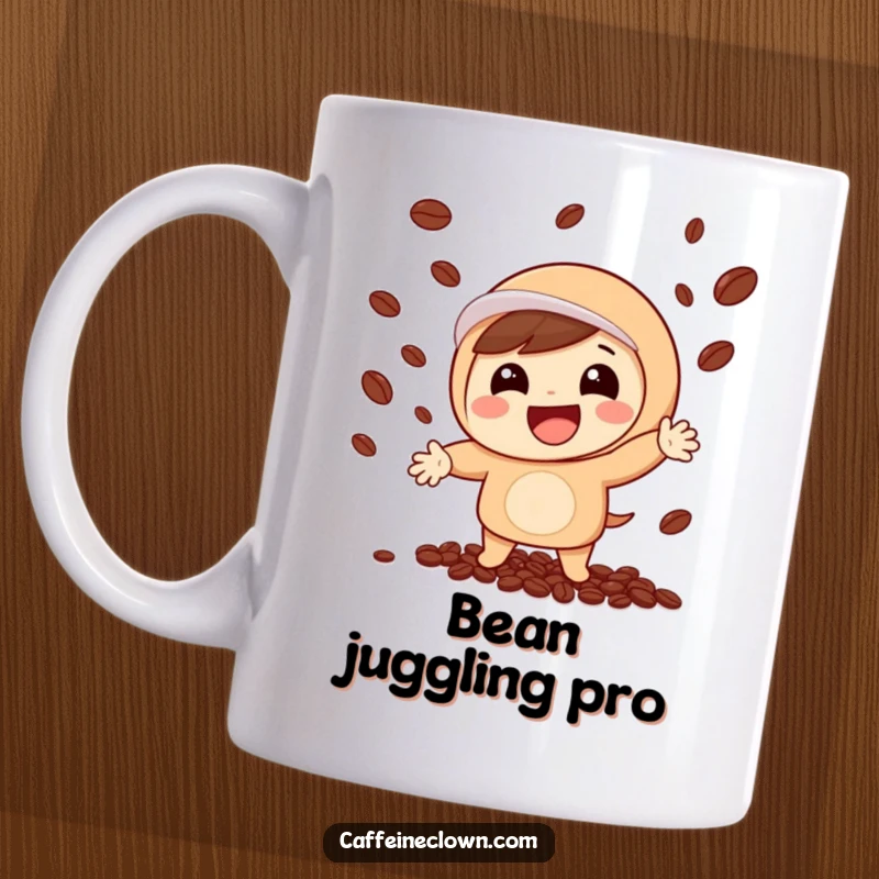 Funny mug with a cute character wide-eyed and grinning while skillfully juggling coffee beans, showcasing pure caffeinated joy.