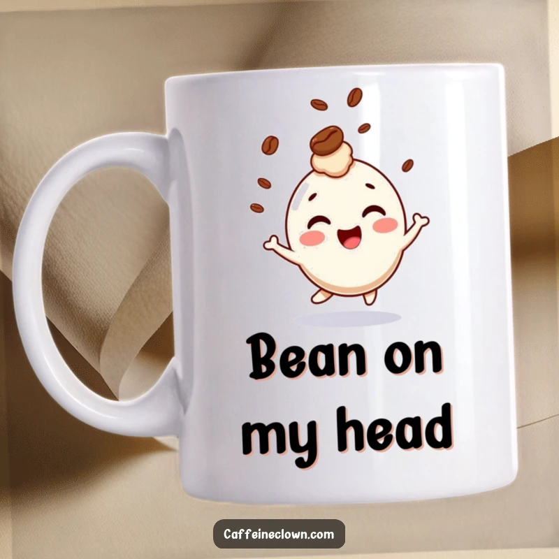 Funny mug featuring a giggling character joyfully bouncing as a coffee bean playfully bounces on its head.