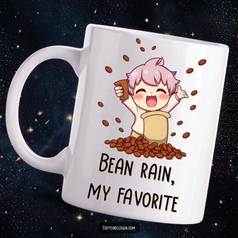 Funny coffee mug with a character enthusiastically shaking a coffee bag, scattering beans everywhere with pure glee and excitement.