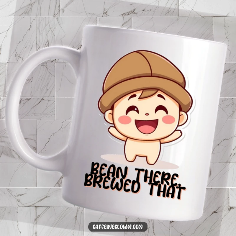 Funny kawaii character in a coffee bean hat grinning widely, perfect for a coffee lover gift.