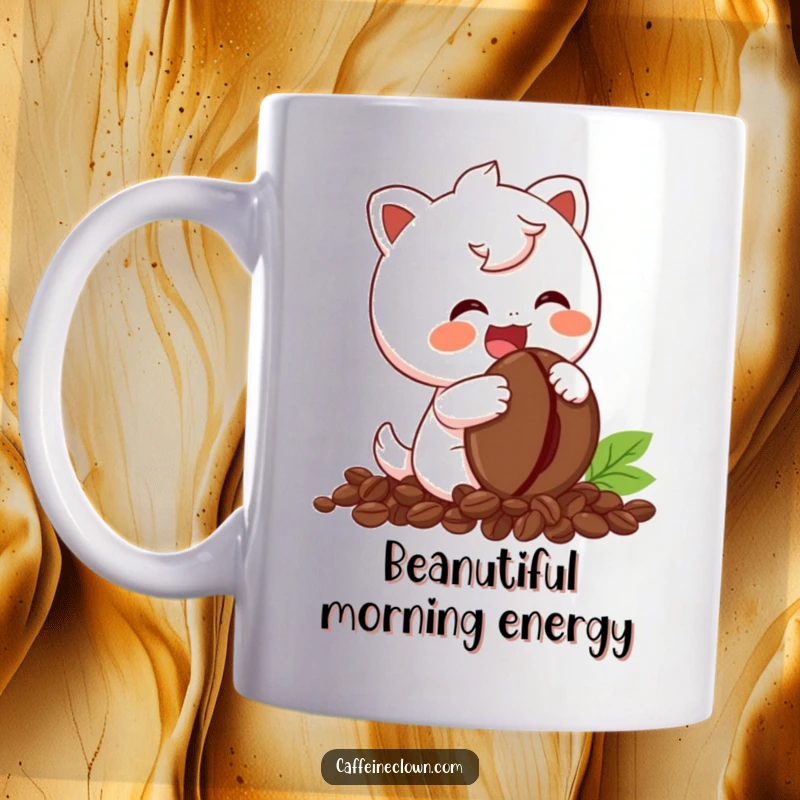 Funny Mug with a cute character giggling uncontrollably while clutching a single coffee bean, pure coffee joy.