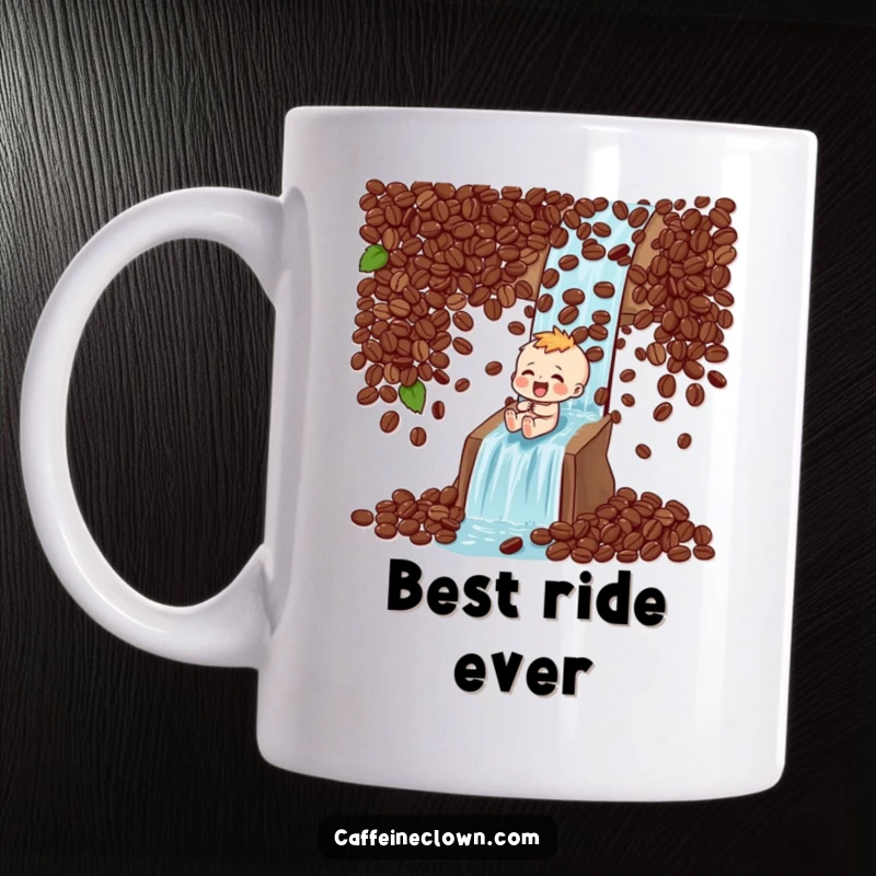 Funny Mug: Character laughs while sliding down a cascading waterfall made entirely of coffee beans, pure coffee bliss.