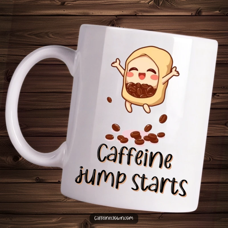 Funny mug featuring a bubbly icon joyfully jumping and dropping coffee beans from a bag, exuding happiness and fun.