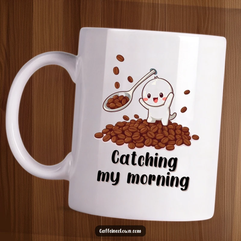 Funny mug featuring a playful character comically trying to catch falling coffee beans with a giant spoon, full of energetic action.