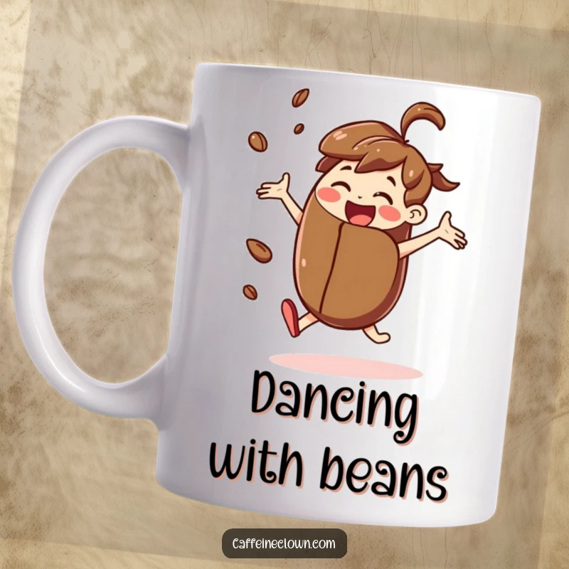 Funny mug with a joyful character enthusiastically dancing while holding a giant coffee bean, spreading caffeine-fueled happiness.