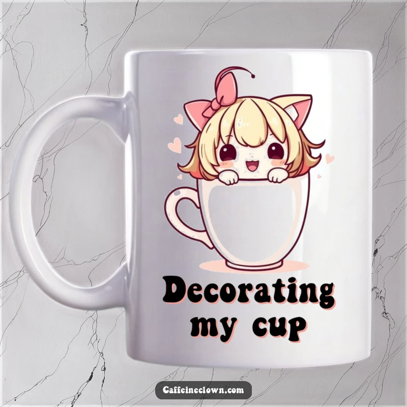 Funny mug with a cute character adorning a coffee cup with a playful flourish, adding a touch of charm and artistry.